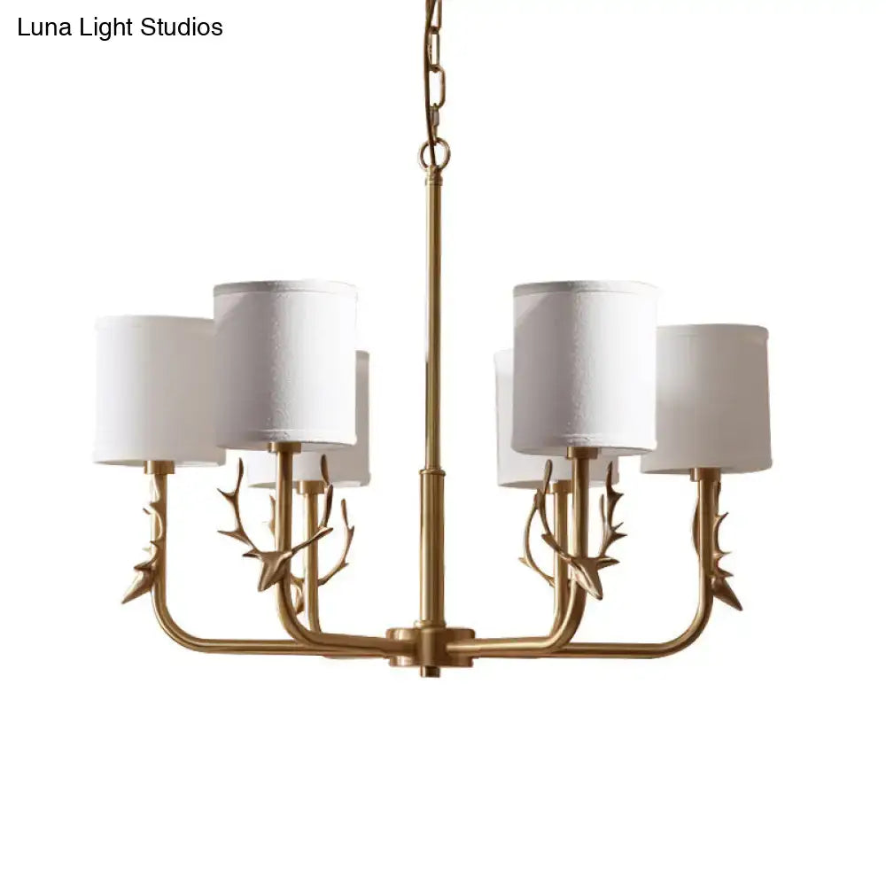 Gold Antler Fabric Chandelier, 4-light brass finish with white fabric shades Decorbites on Tampa Home & Garden Store