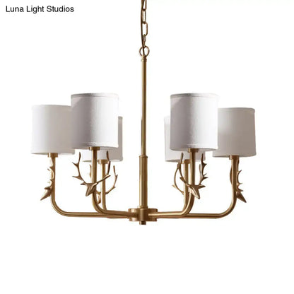 Gold Antler Fabric Chandelier, 4-light brass finish with white fabric shades Decorbites on Tampa Home & Garden Store