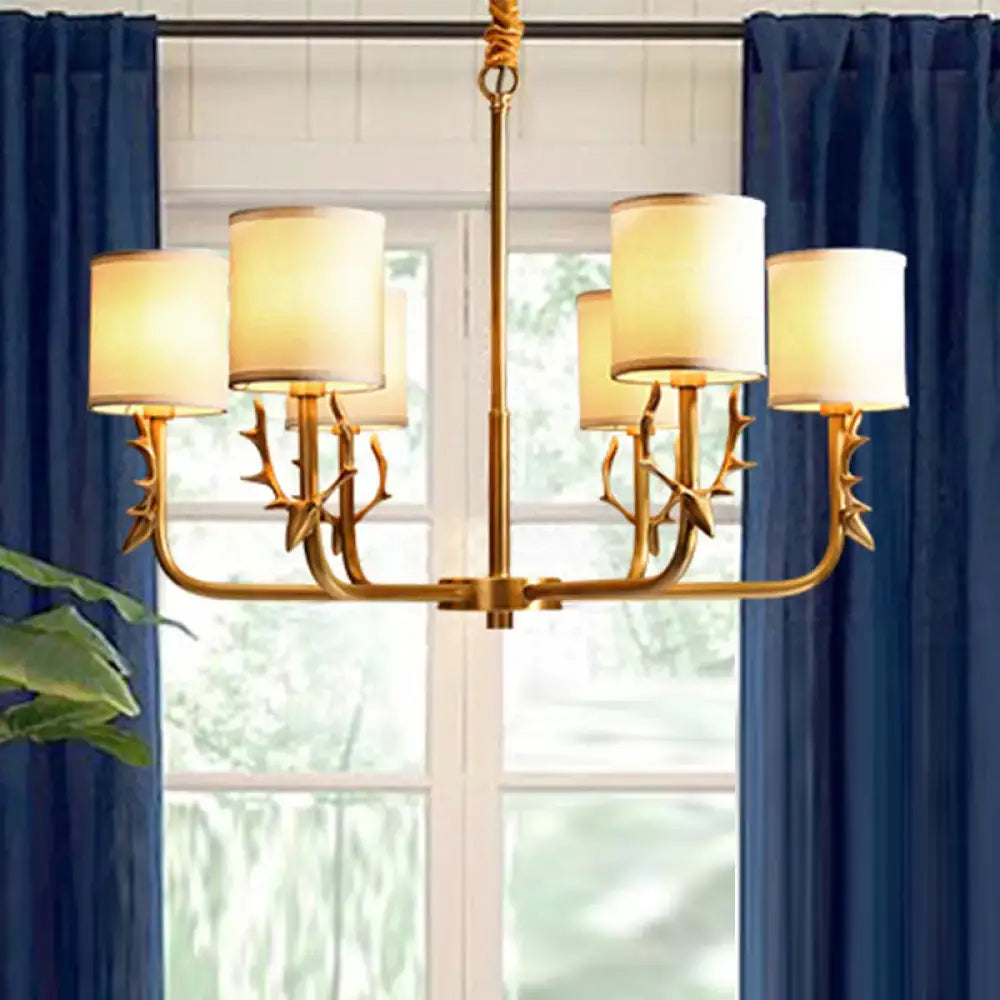 Gold Antler Fabric Chandelier with cream fabric shades on Tampa Home & Garden Store