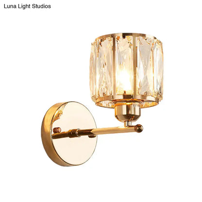 Gold Crystal Beveled Cut Wall Sconce by Decorbites, gold finish with crystal panels and round backplate on Tampa Home & Garden Store