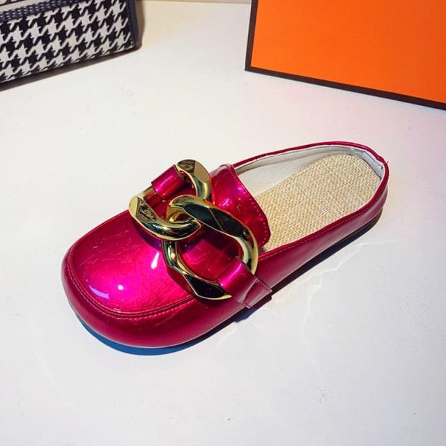 Magenta metallic chain-strap slipper mule with closed toe and woven insole on Tampa Home & Garden Store