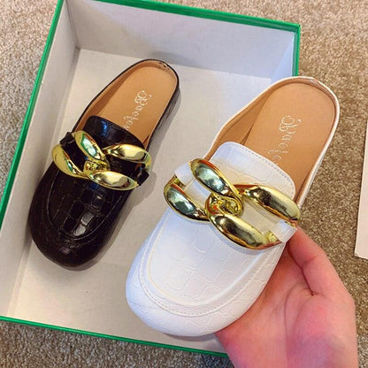 Stevvex crocodile-embossed mule slippers with gold chain strap, white & black, 2 pairs on Tampa Home & Garden Store