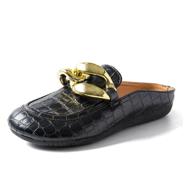 Gold chain leather slipper Stevvex, black crocodile-embossed, closed-toe slip-on mule on Tampa Home & Garden Store