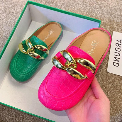 Stevvex gold chain crocodile-embossed slip-on mules, green and pink colorways, 2 shoes on Tampa Home & Garden Store
