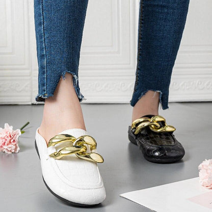 Stevvex gold chain women's mules in white and black croc-embossed leather with chunky chain; 2 colorways shown on Tampa Home & Garden Store