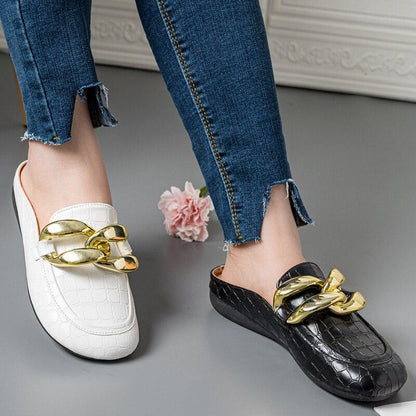 Gold chain mule slippers Stevvex white croc-embossed closed-toe slip-ons with chunky chain pair on Tampa Home & Garden Store