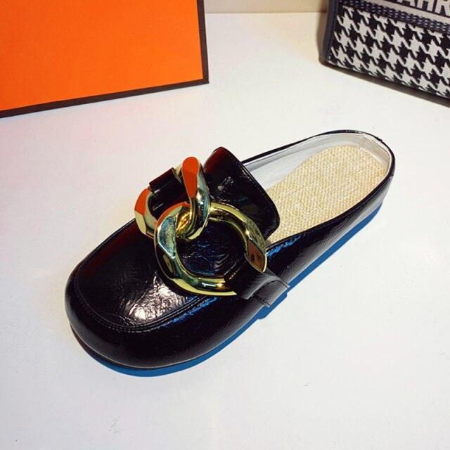 Stevvex black patent leather mule with gold chain ring ornament, closed toe slip-on sandal on Tampa Home & Garden Store