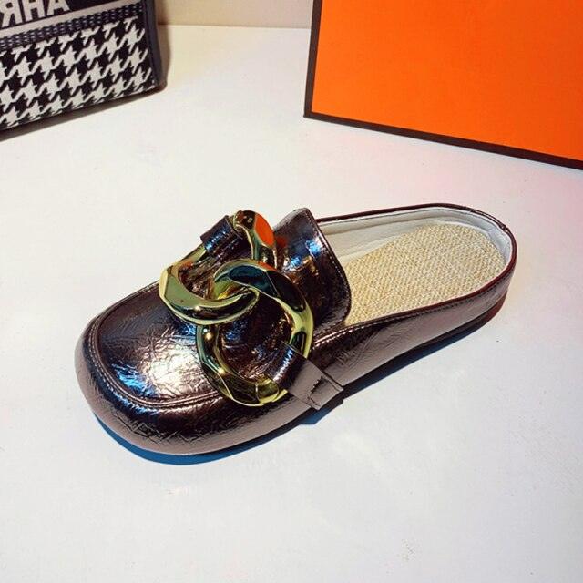 Stevvex gold chain mule with closed toe, metallic bronze finish, slip-on low-heel sandal on Tampa Home & Garden Store