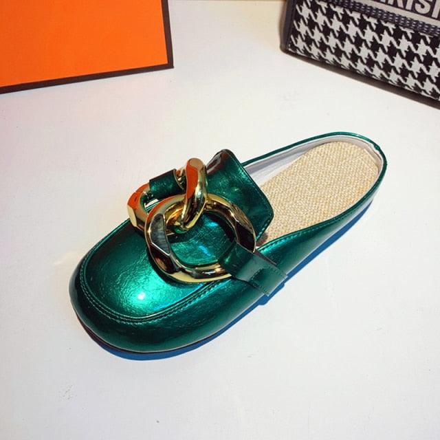 Stevvex green metallic chain-strap closed-toe mule sandal with woven insole on Tampa Home & Garden Store