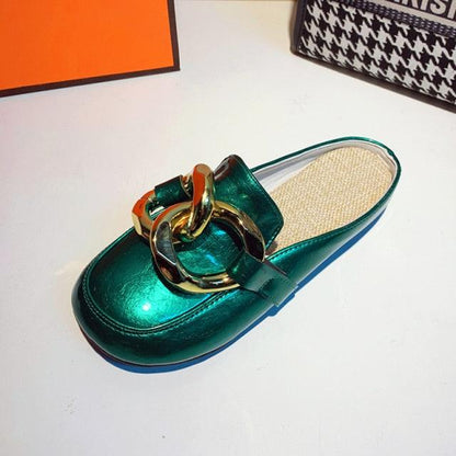 Stevvex green metallic chain-strap closed-toe mule sandal with woven insole on Tampa Home & Garden Store