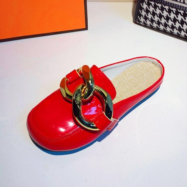 Round-toe red patent leather mule with large gold chain detail, slip-on sandal on Tampa Home & Garden Store