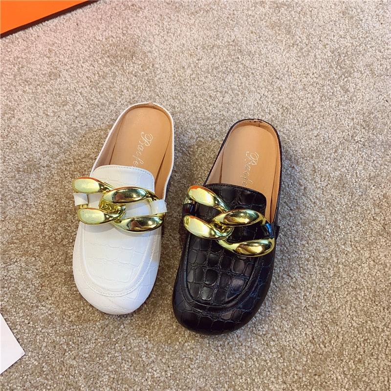 Stevvex gold chain slip-on mules with croc-embossed leather white and black, closed-toe on Tampa Home & Garden Store