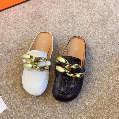 Stevvex gold chain slip-on mules with croc-embossed leather white and black, closed-toe on Tampa Home & Garden Store
