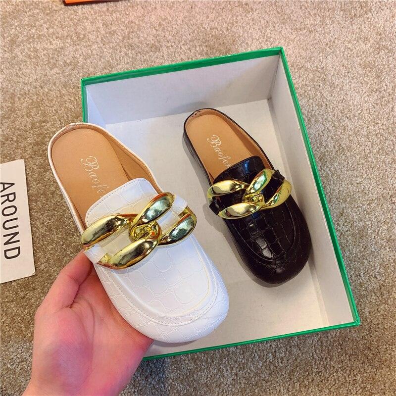 Gold chain women slipper white and black croc-embossed slip-on mules Stevvex, closed toe on Tampa Home & Garden Store