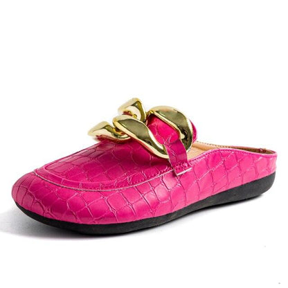 Stevvex pink crocodile-embossed leather slipper with gold chain accent, closed-toe slip-on mule on Tampa Home & Garden Store