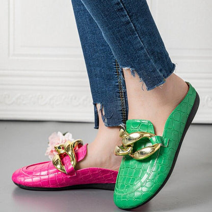 Stevvex croc-embossed pink and green gold-chain slip-on mules, pair of casual sandals on Tampa Home & Garden Store