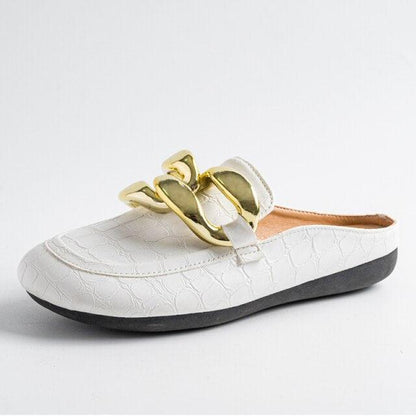 Stevvex white leather slipper with a gold chain ornament, closed toe mule with low heel on Tampa Home & Garden Store