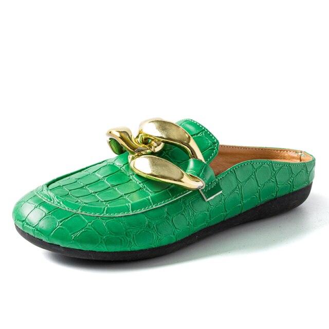Stevvex green croc-embossed mule with gold chain, closed toe slip-on sandal, black sole on Tampa Home & Garden Store