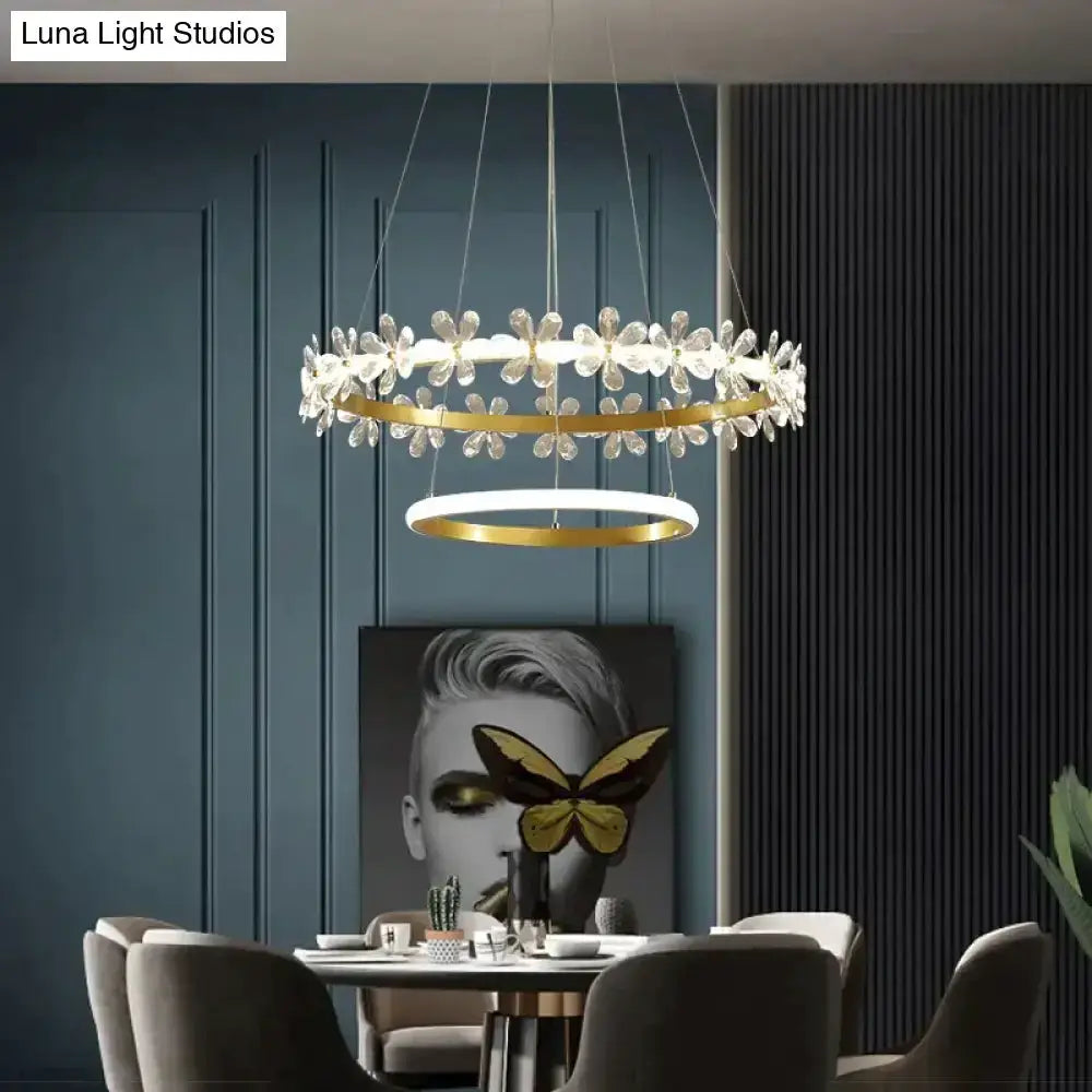 Gold crown crystal flower pendant light chandelier with crystal petals and gold band on Tampa Home & Garden Store