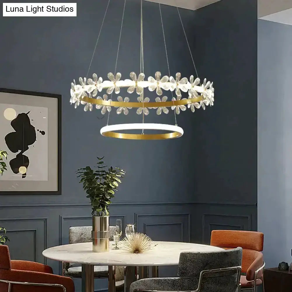 Gold crown crystal flower pendant light with crystal petal ring by Decorbites on Tampa Home & Garden Store