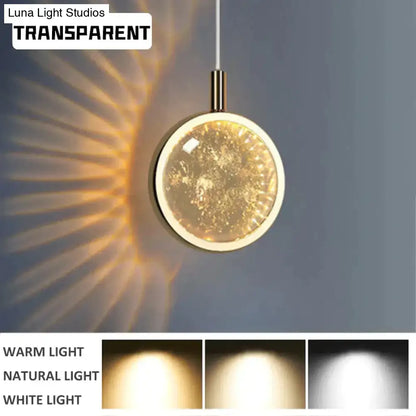 Pendant light Decorbites gold crystal glass LED, round disc with warm glow, white cord on Tampa Home & Garden Store