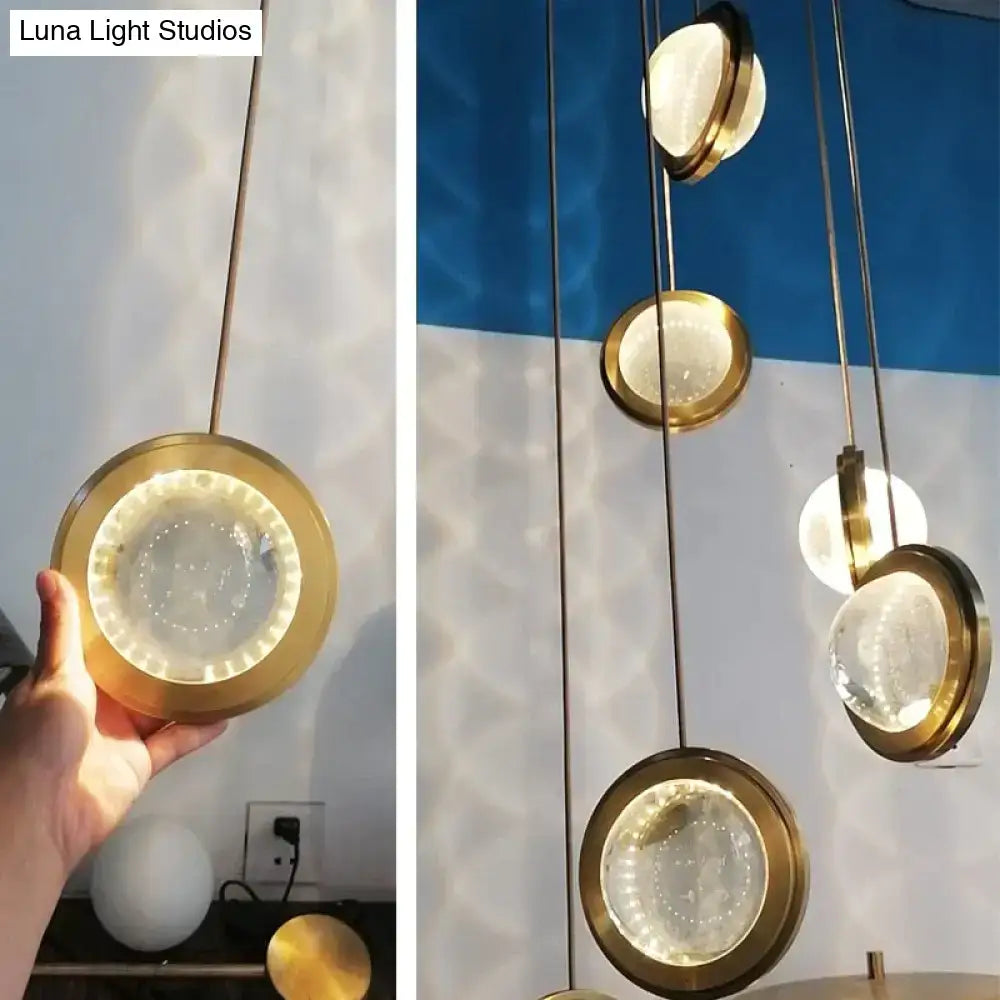 Gold crystal glass LED pendant light, Decorbites, round gold disc with crystal center for dining room on Tampa Home & Garden Store