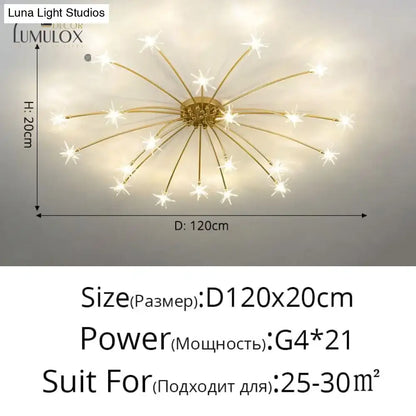 Gold Floral Crystal Nineteen-Head Chandelier with a gold-tone frame and crystal starbursts, 120cm dia on Tampa Home & Garden Store