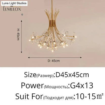 Gold Floral Crystal Nineteen-Head Chandelier, gold finish with crystal blossoms, D45xH45cm on Tampa Home & Garden Store