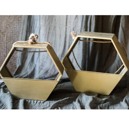 Gold metal hexagon hanging planters by RusticReach, rope-hanger pair on Tampa Home & Garden Store