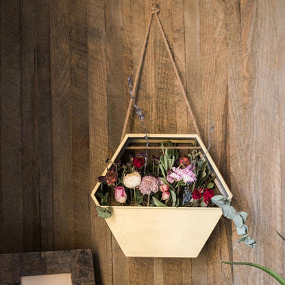 Gold metal hexagon hanging planter filled with dried flowers and greenery RusticReach on Tampa Home & Garden Store