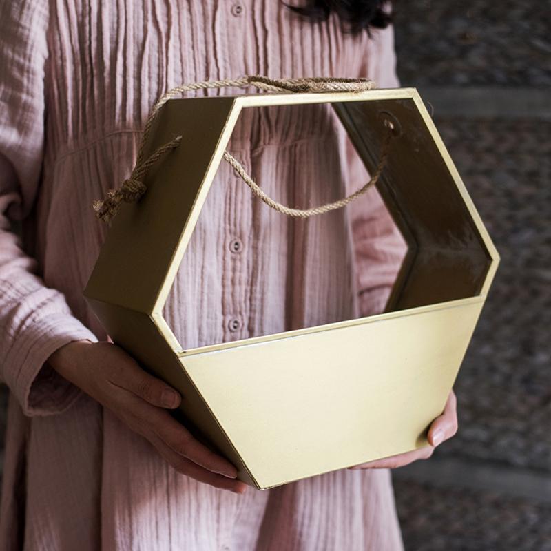 Gold metal hexagon hanging planter with rope handles by RusticReach on Tampa Home & Garden Store