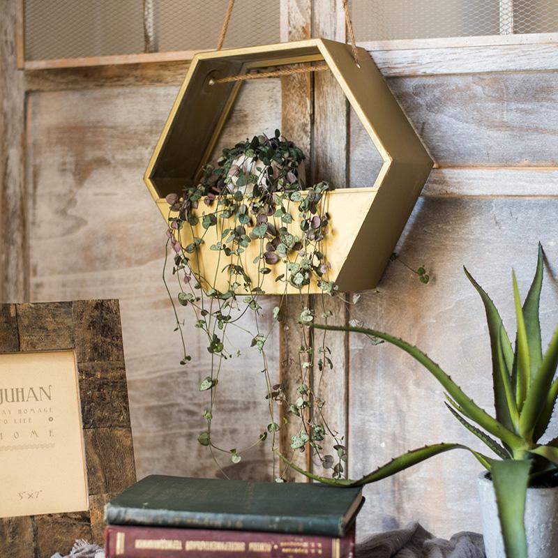 Gold Metal Hexagon Hanging Planter with trailing greenery in a warm gold frame, RusticReach on Tampa Home & Garden Store
