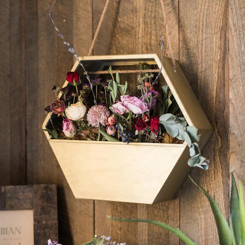 Gold metal hexagon hanging planter with dried flowers RusticReach on Tampa Home & Garden Store
