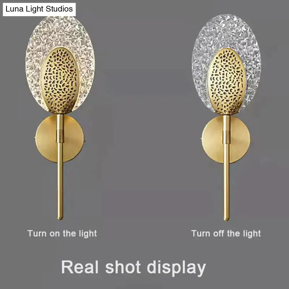 Gold Textured Wall Lamp by Decorbites, brass stem with clear crystal oval shade, wall light pair on Tampa Home & Garden Store