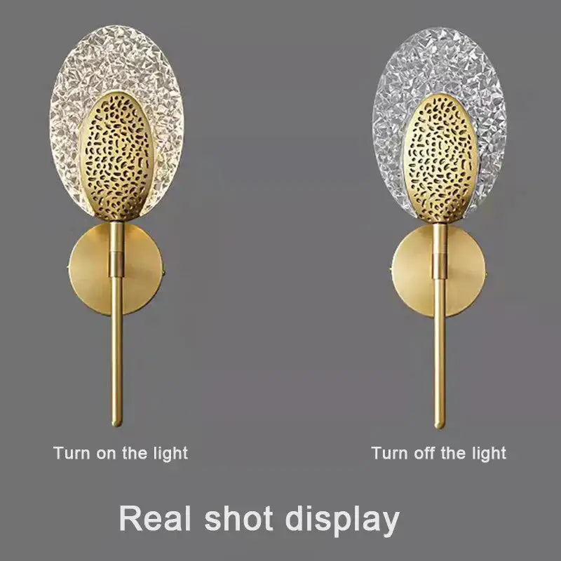 Gold textured wall lamp pair by Decorbites, brass wall light with crystal oval backplates on Tampa Home & Garden Store