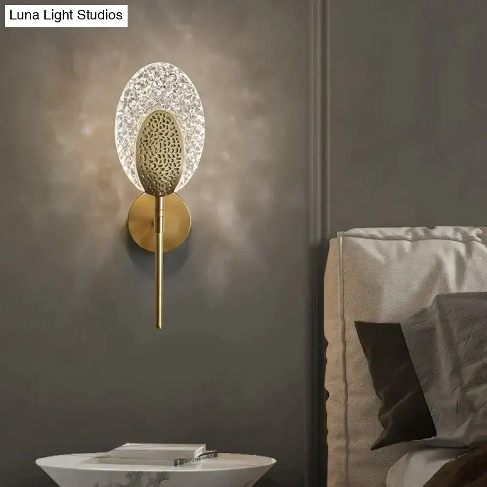 Gold Textured Wall Lamp with crystal halo shade and brass stem on Tampa Home & Garden Store