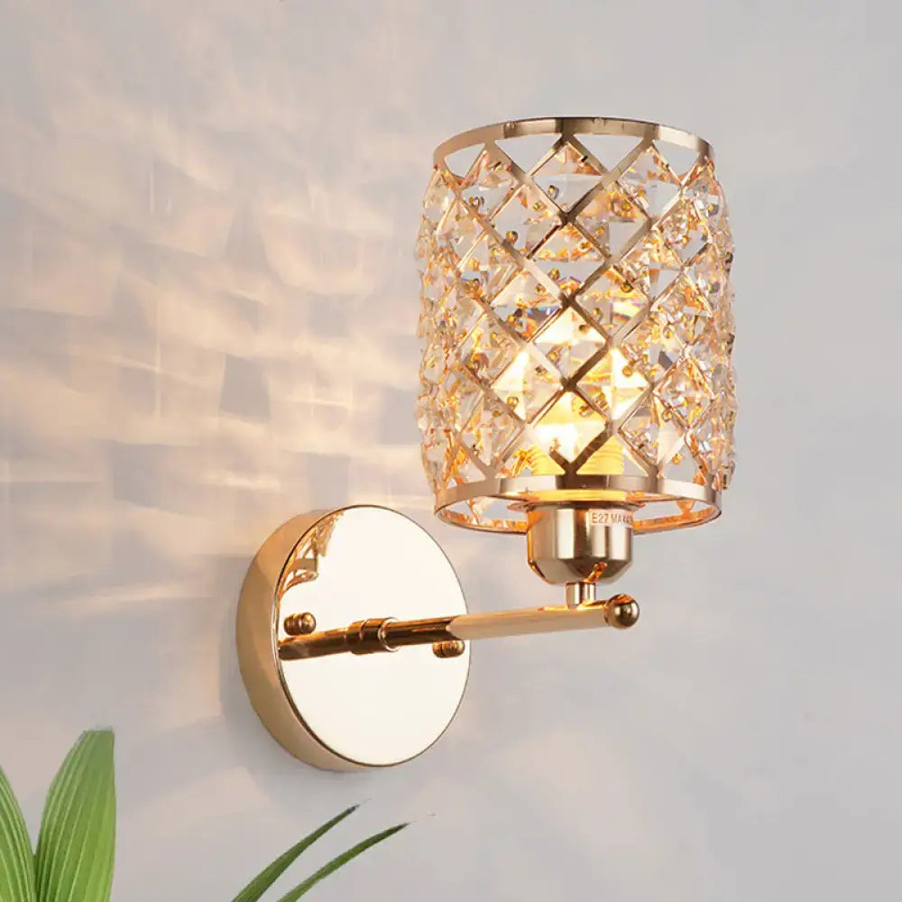 Gold Trellis Crystal Wall Light sconce by Decorbites, gold lattice crystal shade with warm glow on Tampa Home & Garden Store