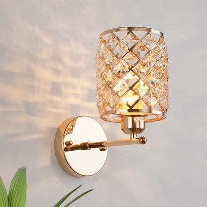 Gold Trellis Crystal Wall Light sconce by Decorbites, gold lattice crystal shade with warm glow on Tampa Home & Garden Store