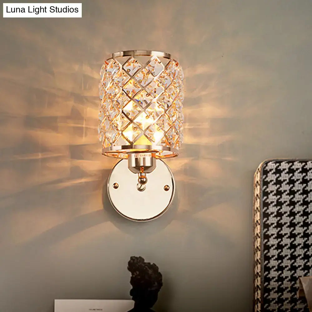 Gold Trellis Crystal Wall Light sconce with crystal shade on round backplate on Tampa Home & Garden Store