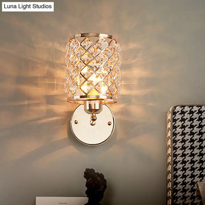Gold Trellis Crystal Wall Light sconce with crystal shade on round backplate on Tampa Home & Garden Store