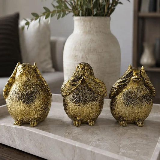 3 Wise Birds gold decor figurines, Gia Roma, set of 3 roosters with textured feather detail on Tampa Home & Garden Store