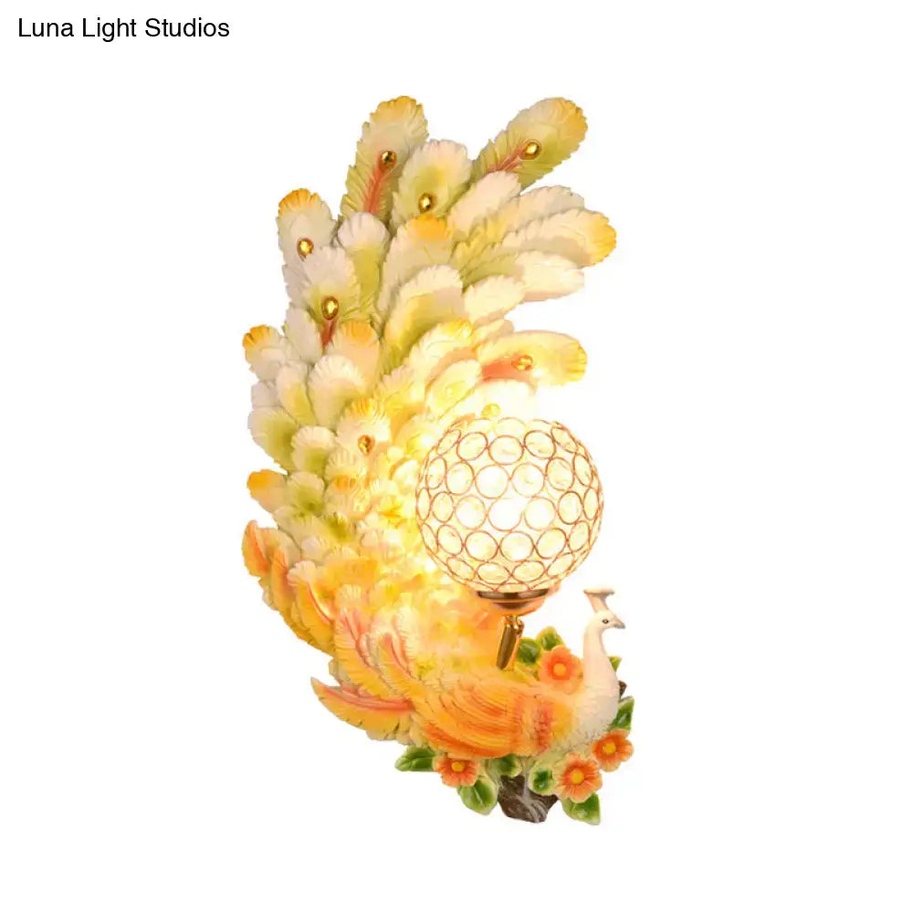 Golden peacock wall light with crystal shade, yellow and green feathers decorative lamp on Tampa Home & Garden Store