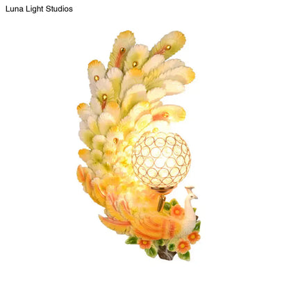 Golden peacock wall light with crystal shade, yellow and green feathers decorative lamp on Tampa Home & Garden Store