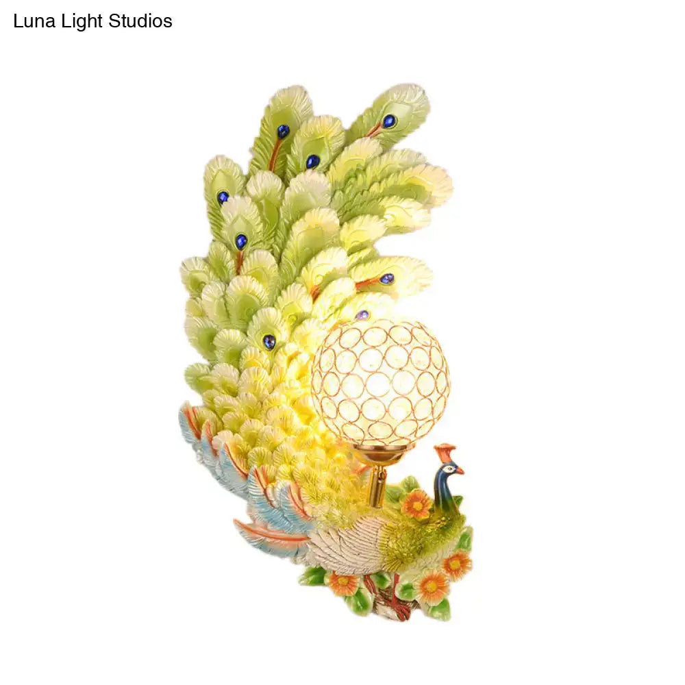 Golden peacock wall light with crystal shade, yellow and green feathers by Decorbites on Tampa Home & Garden Store