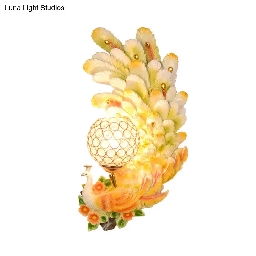 Golden peacock wall light with crystal shade and yellow-green plumage for living room decor on Tampa Home & Garden Store