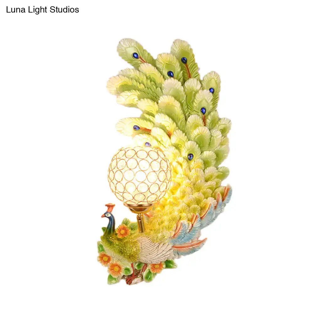 Golden peacock wall light with crystal shade and green-yellow feathers, Decorbites on Tampa Home & Garden Store