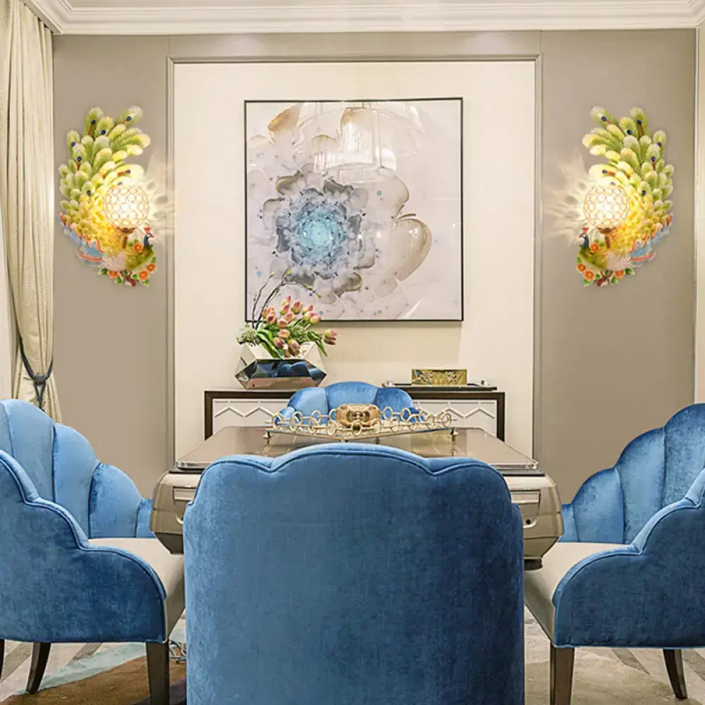 Golden peacock wall light with crystal shade pair in yellow and green for living room Decorbites on Tampa Home & Garden Store
