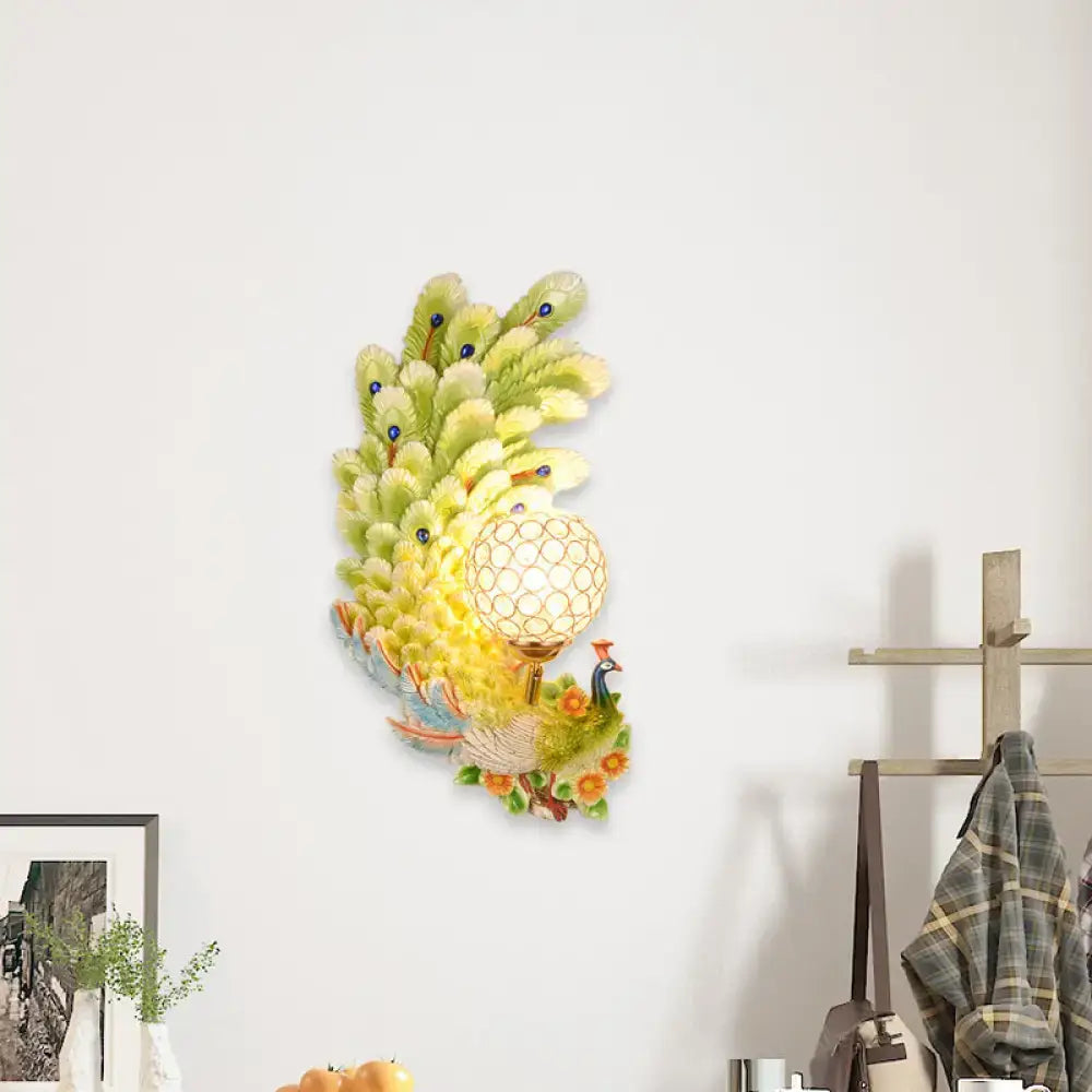 Golden peacock wall light with crystal shade, yellow-green feathers Decorbites home decor on Tampa Home & Garden Store