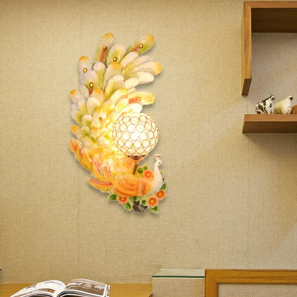 Golden peacock wall light with crystal shade in yellow green tones for living room on Tampa Home & Garden Store