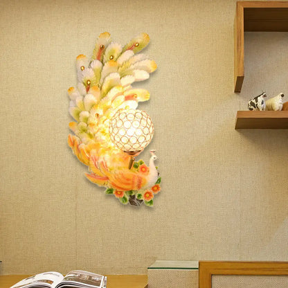 Golden peacock wall light with crystal shade in yellow green tones for living room on Tampa Home & Garden Store